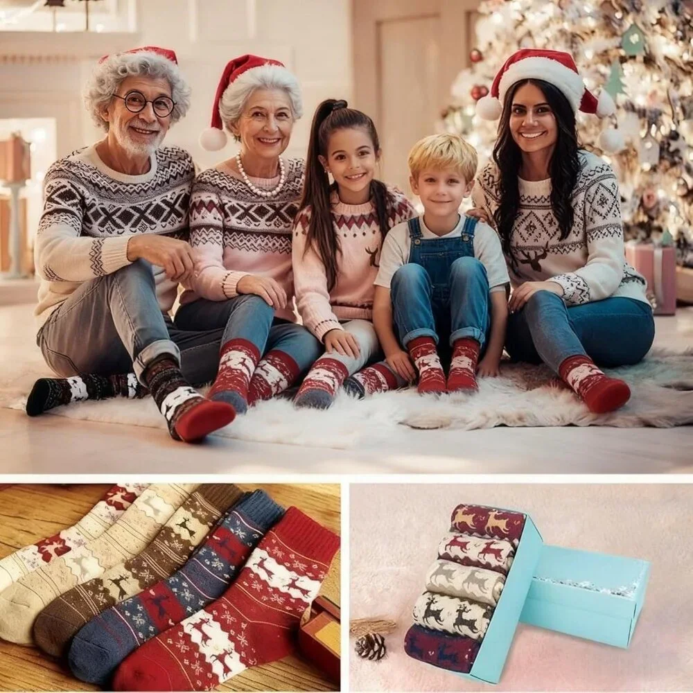 5 Pairs Cozy Thick Socks Festive Christmas Reindeer & Snowflake Stocking Stuffer